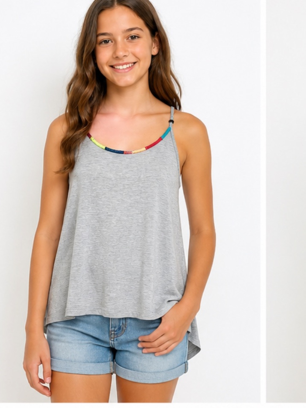 Tommy Hilfiger Girls 12/14 Gray Tank Top Colorful Stitched Neckline & Tie Back